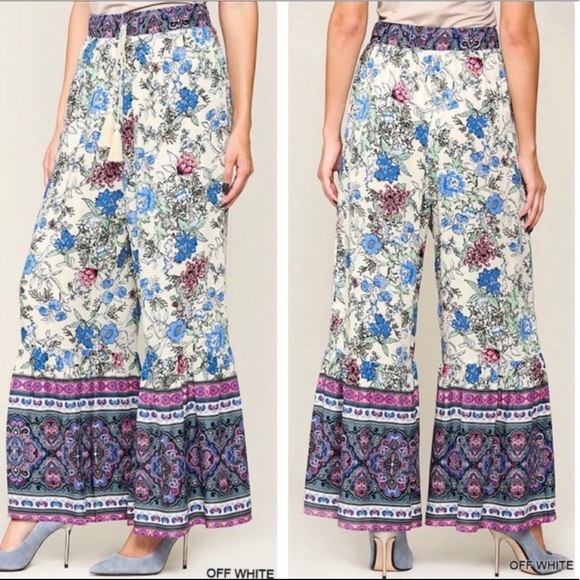 Skymallboutique Pants - New! Sale 🔥Floral Boho Wide Leg Drawstring Tassels Tie Waist Ruffled Hem Pants